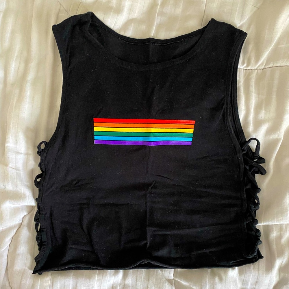 ❌SOLD❌  Black rainbow stripe crop top